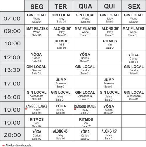 Grade coletivas - unidade Boulevard - Academia Physical
