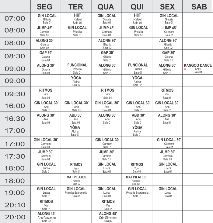 Grade coletivas - unidade Vila - Academia Physical