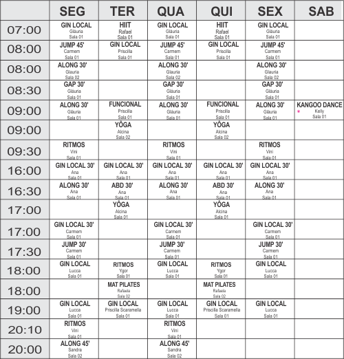 Grade coletivas - unidade Vila - Academia Physical