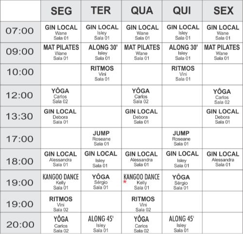 Grade coletivas - unidade Boulevard - Academia Physical