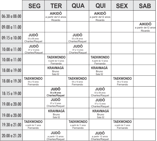 Grade lutas - Unidade Boulevard - Academia Physical