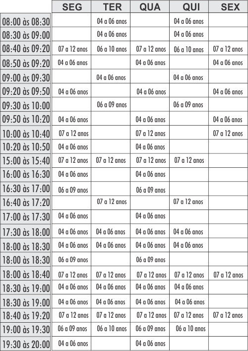 Grade Natação infantil - unidade Acqua - Academia Physical