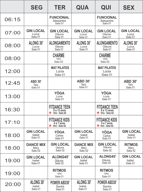 Grade Coletivas - unidade Club - Academia Physical