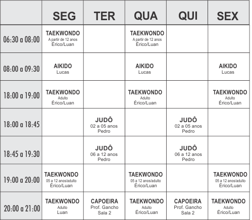 Grade lutas - Unidade Club - Academia Physical