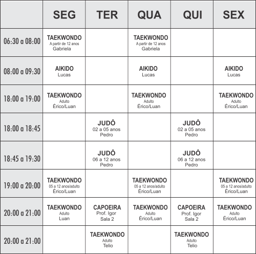 Grade Lutas - unidade Club - Academia Physical