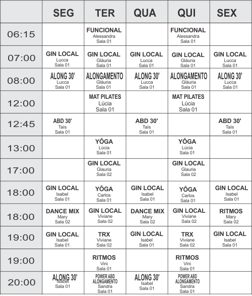 Grade Coletiva - Unidade Club - Academia Physical