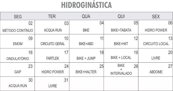 Programação Hidroginástica
