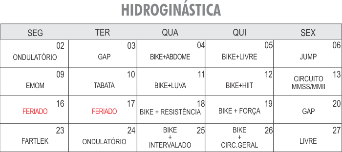 Programação Hidroginástica