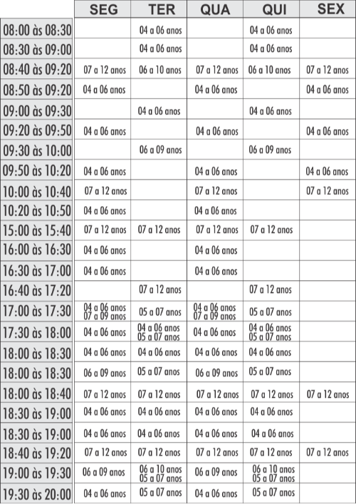 Grade Natação infantil - unidade Acqua - Academia Physical